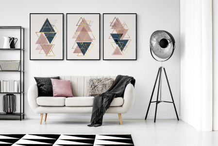 Set Tablouri Abstracte - Set 3 tablouri, Intaglio, Abstracte, Roz pal, print pe hartie foto Fine Art, Triunghiuri, postere minimaliste, pentru dormitor, living, camera copii