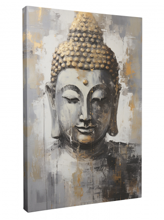 tablouri canvas cu Buddha în poziție lotus și portret frontal, pe fundaluri aurii și gri [2]