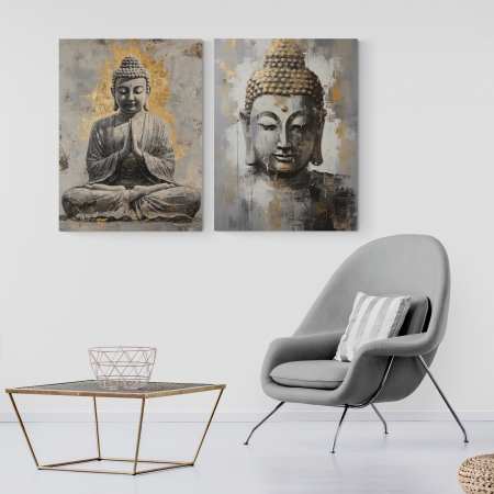 Tablouri Buddha - tablouri canvas cu Buddha în poziție lotus și portret frontal, pe fundaluri aurii și gri