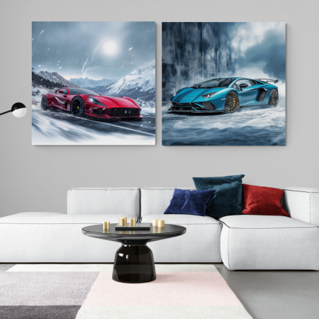 Tablouri cu Masini - Tablouri canvas cu un Ferrari și un Lamborghini străbătând munți