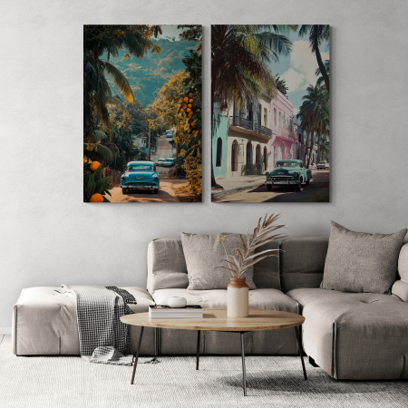 Tablouri cu Masini - Tablouri Canvas retro cu mașini clasice și palmieri