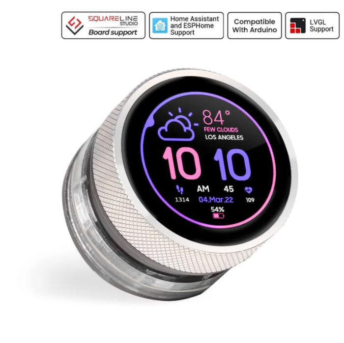 Display rotativ CrowPanel 1.28 inch, ESP32, IPS 240x240, touch si buton rotativ, programabil Arduino IDE si LVGL [1]