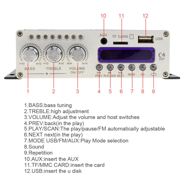 Amplificator audio auto HY-V10 cu radio FM, Bluetooth, USB, microSD, AUX [3]