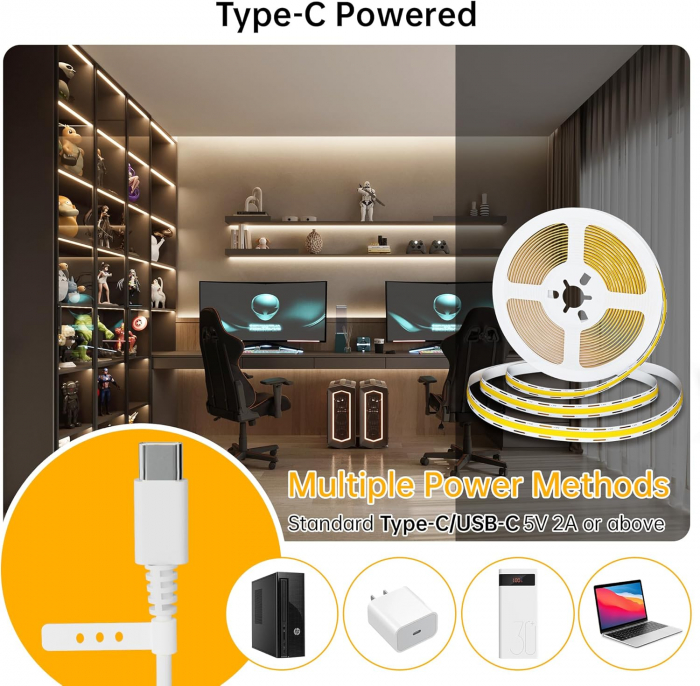 Banda LED COB alb rece, 5V DC, type-C, 300leds/m, 2m, IP20 [2]