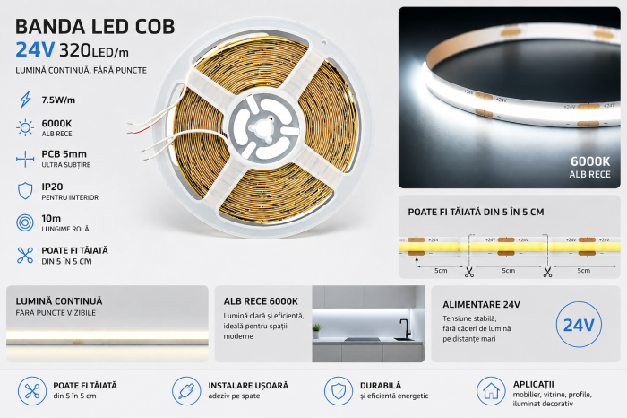 Banda LED COB 24V 10m, 6000K alb rece, 5mm ingusta, 7.5W/m, pentru mobilier si profile LED [4]