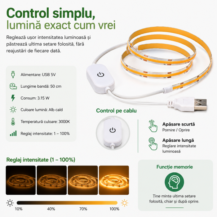 Banda LED USB 50 cm, Alb Cald 3000K, Dimabila 1-100%, 5V, 3.15W, IP20 [3]