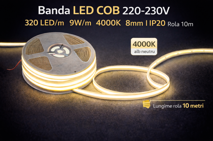 Banda LED COB alb natural, 4000K, 220–230V, 320 LED/m, 9W/m, 8mm, rola 10m, lumina continua, iluminat interior, decorativ, IP20 [2]