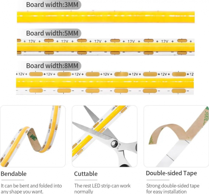 Banda LED COB 480leds/m, latime 8mm, 6000K (alb rece), 14W/m, 24V DC, IP20, 10m [4]