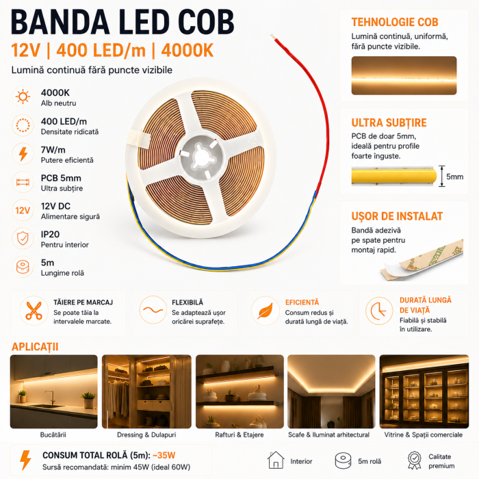 Banda LED COB 12V 5m, 400 LED/m, 5mm, alb neutru 4000K, 7W/m, IP20 pentru iluminat mobilier, vitrine, scafe, decorativ [2]
