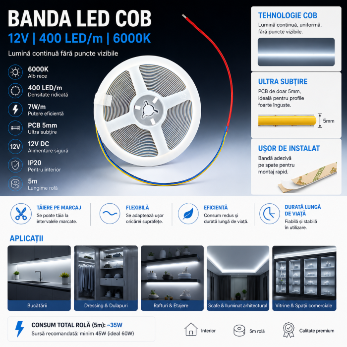 Banda LED COB 12V 5m, alb rece 6000K, 400 LED/m, 5mm, pentru mobilier, vitrine, rafturi si profile LED [2]