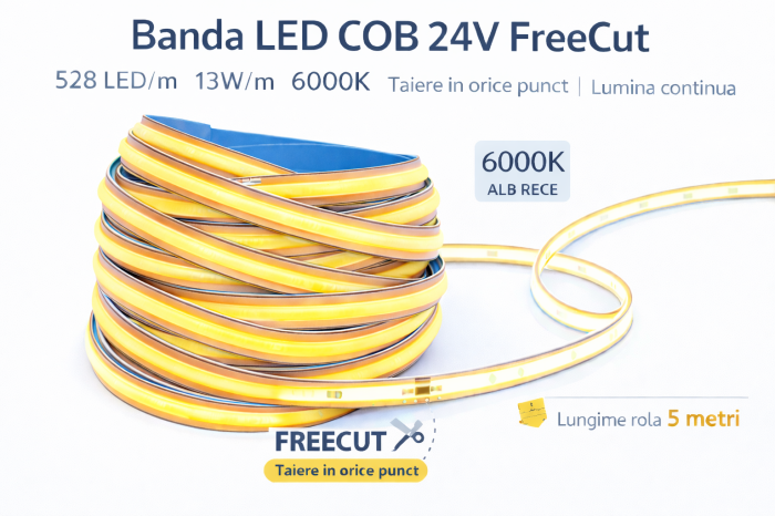 Banda LED COB alb rece, 6000K, 24V, 528 LED/m, 13W/m, 8mm, lumina continua, iluminat interior, decorativ, rola 5m, FreeCut, IP20 [2]