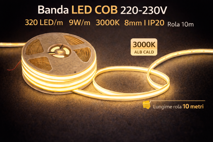 Banda LED COB alb cald, 3000K, 220–230V, 320 LED/m, 9W/m, 8mm, rola 10m, lumina continua, iluminat interior, decorativ, IP20 [2]