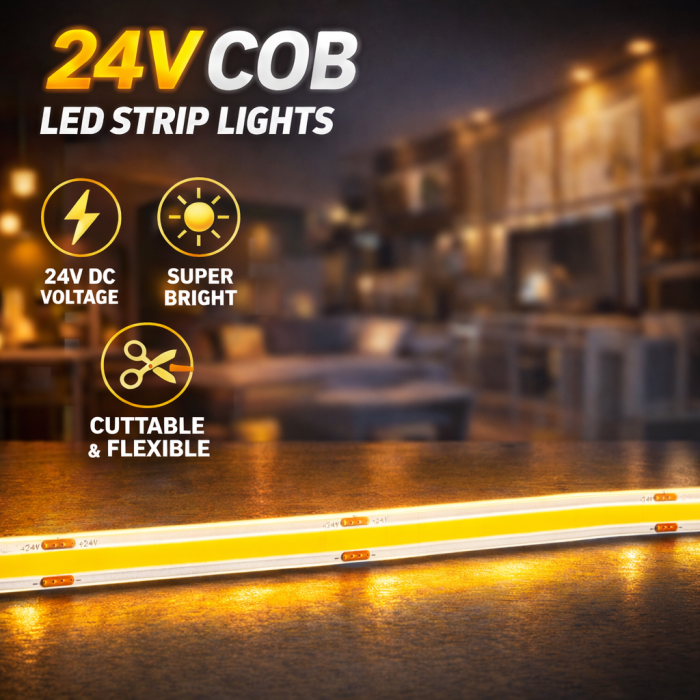 Banda LED COB alb cald, 3000K, 24V, 480 LED/m, 14W/m, 8mm, rola 10m, lumina continua, iluminat interior, decorativ, IP20 [2]