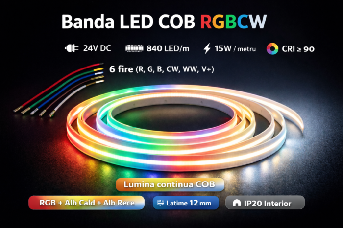 Banda LED COB RGBCW, 24V DC, 840 LED/m, 15W/m, CRI ≥90, latime 12mm, rola 5m, iluminat interior, IP20 [2]