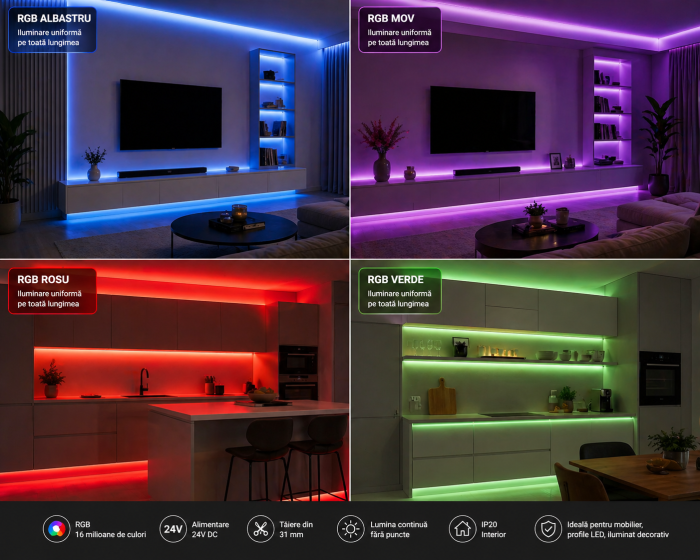 Banda LED RGB 24V DC, 5m, lumina continua fara puncte, 576 LEDs/m, 10W/m, IP20, pentru iluminat decorativ si mobilier [2]
