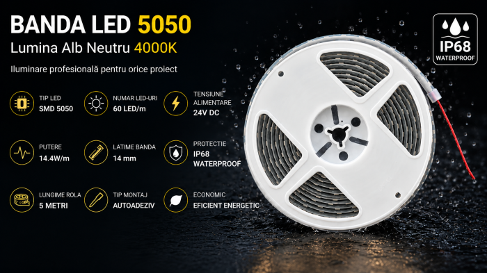 Banda LED SMD 60 LEDs/m, latime 14mm, 4000K (alb natural), 14.4W/m, 24V DC, 5m, IP68 [2]