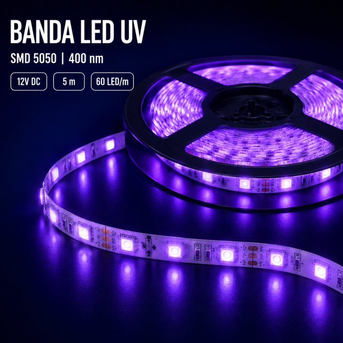 Banda LED UV SMD 5050, 400 nm, 12V, 5 m, 60 LED/m, IP20 – efecte fluorescente (5050-12v-uv-rola) [2]