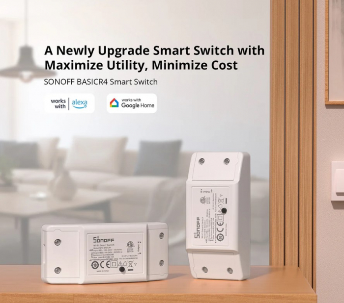 Intrerupator smart Sonoff BasicR4, Wi-Fi, 10A, 2200W, Control de la distanta, Compatibil Alexa si Google Assistant, Alb [2]