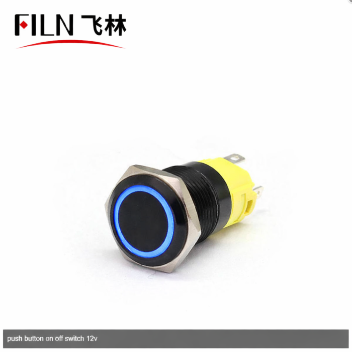 Buton push iluminat cu mentinere, 5A 12-24V DC, 19mm, IP67, metalic, inel LED albastru, 5 pini, FLM16-FJ-1-EX000-A11Z5-BLUE [2]