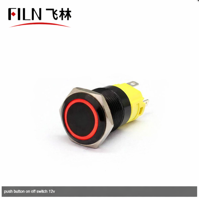 Buton push iluminat cu mentinere, 5A 12-24V DC, 19mm, IP67, metalic, inel LED rosu, 5 pini, FLM16-FJ-1-EX000-A11Z5-RED [2]