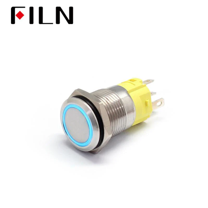 Buton push iluminat cu mentinere, 5A 12–24V DC, 16mm, IP67, metalic, inel LED albastru, 5 pini, FLM16-FJ-1-EX000-S11Z5-BLUE [2]