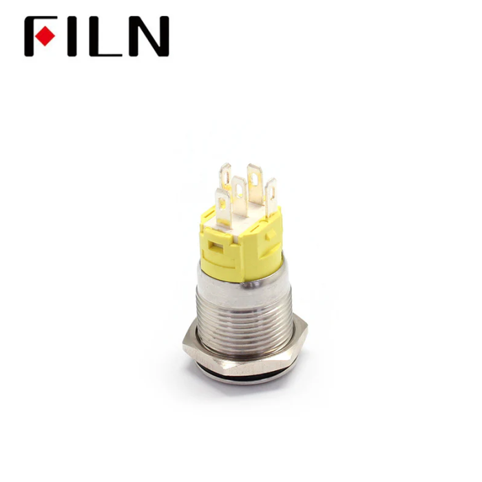 Buton push iluminat cu mentinere, 5A 12–24V DC, 16mm, IP67, metalic, inel LED rosu, 5 pini, FLM16-FJ-1-EX000-S11Z5-RED [4]