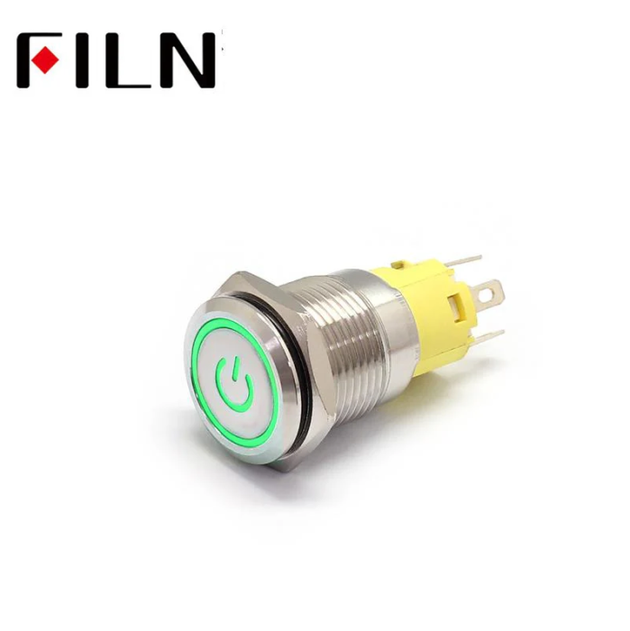 Buton push iluminat cu mentinere, 5A 12–24V DC, 16mm, IP67, metalic, inel LED verde, 5 pini, FLM16-FJ-1-EC003-S11Z5-GREEN [6]