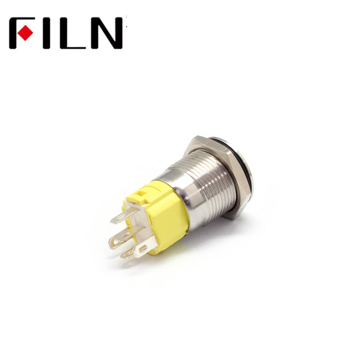 Buton push iluminat cu mentinere, 5A 12–24V DC, 16mm, IP67, metalic, inel LED verde, 5 pini, FLM16-FJ-1-EC003-S11Z5-GREEN [2]