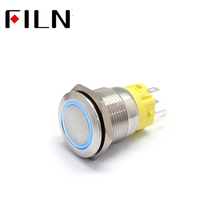 Buton push iluminat cu mentinere, 5A 12V DC, 19mm, IP67, metalic, inel LED albastru, 5 pini, FLM19-FJ-1-EX000-N11Z5-BLUE [2]