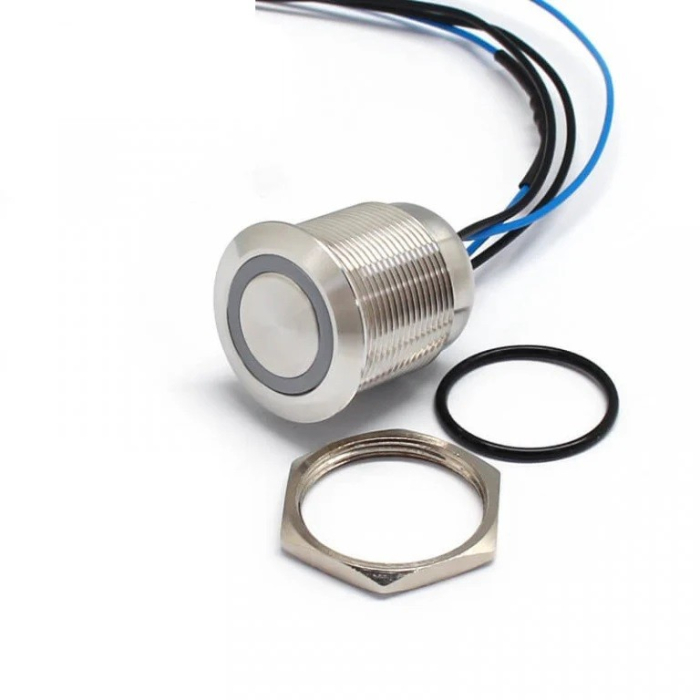 Buton Push Metalic, 12V DC, 19mm, cu Retinere, Led Albastru, 4 fire 20cm [2]