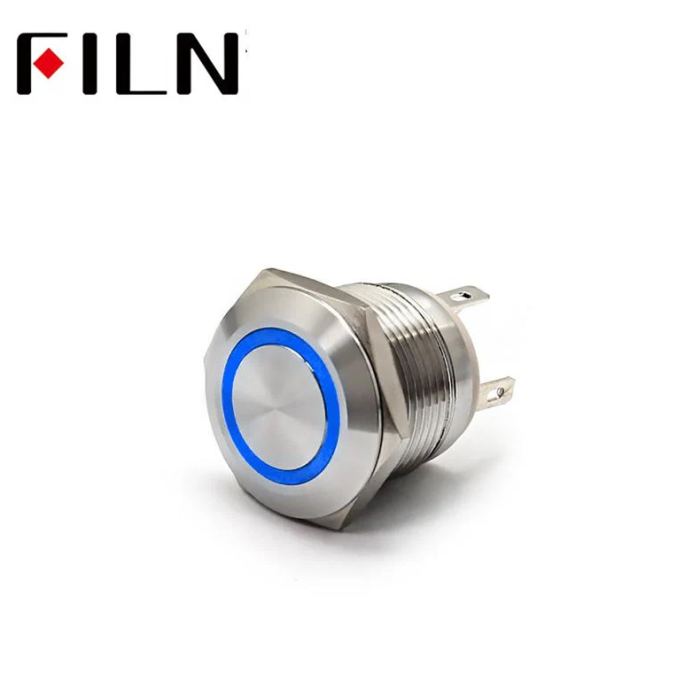Buton push iluminat cu mentinere, 20A 12–24V DC, 19mm, IP67, metalic, inel LED albastru, 4 pini, FLM19-FJ-6-EX000-S11Z4-BLUE [2]