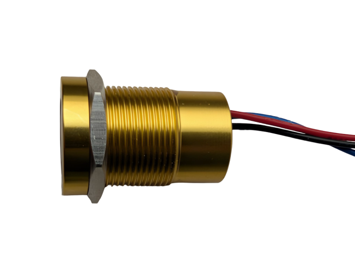 Buton tactil piezoelectric SPST 19mm, metalic auriu, LED rosu/verde, NO, 12-24V DC, 0.2A, IP67, cu mentinere [2]