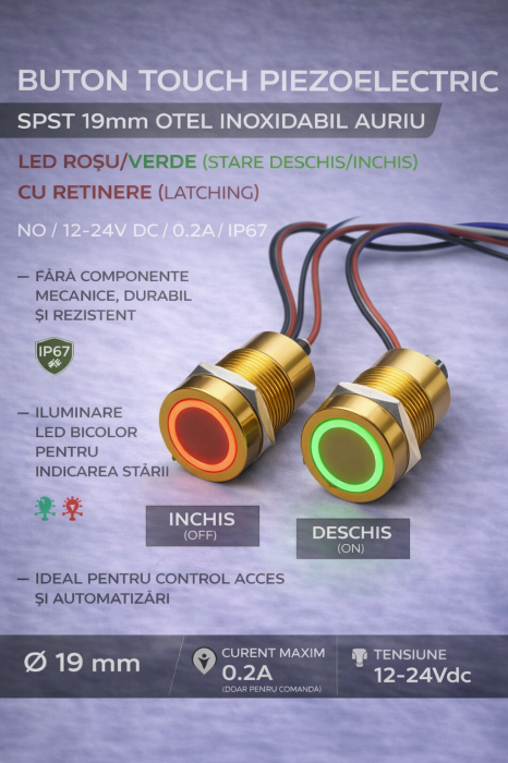 Buton tactil piezoelectric SPST 19mm, metalic auriu, LED rosu/verde, NO, 12-24V DC, 0.2A, IP67, cu mentinere [3]