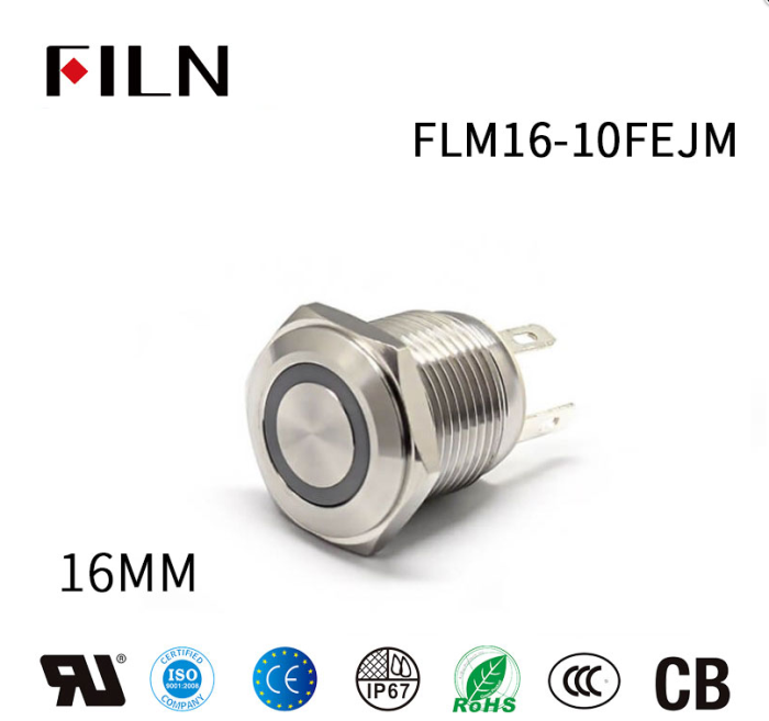 Buton push iluminat fara mentinere, 3A 12V DC, 16mm, IP67, metalic, inel LED albastru, 4 pini, FLM16-FJ-2-EX000-S10M4-BLUE [2]