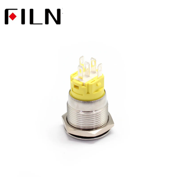Buton push iluminat fara mentinere, 5A 12V DC, 19mm, IP67, metalic, inel LED rosu, 5 pini, FLM19-FJ-1-EX000-S11M5-RED [3]