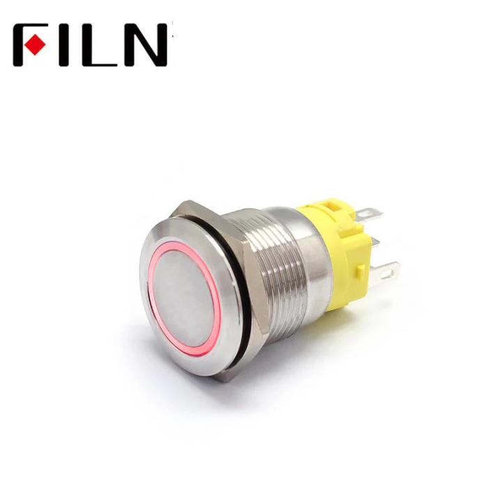 Buton push iluminat fara mentinere, 5A 12V DC, 19mm, IP67, metalic, inel LED rosu, 5 pini, FLM19-FJ-1-EX000-S11M5-RED [2]