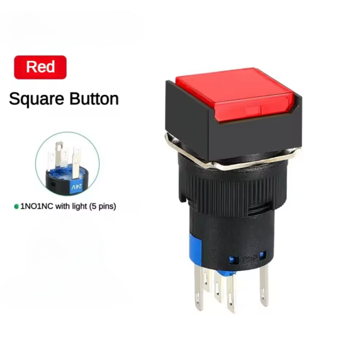 Buton intrerupator push fara mentinere patrat 16mm, plastic, 12V DC, 1NO 1NC, lumina rosie FLP16-NJ-6-RED [2]
