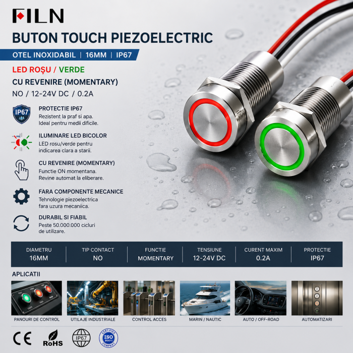 Buton tactil SPST 16mm inox, LED rosu/verde, NO, 12-24V DC, 0.2A, IP67, cu revenire [2]
