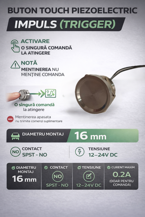 Buton tactil piezoelectric SPST, 16mm, metalic silver, NO, 12-24V DC, 0.2A, IP67, impuls (trigger) [3]