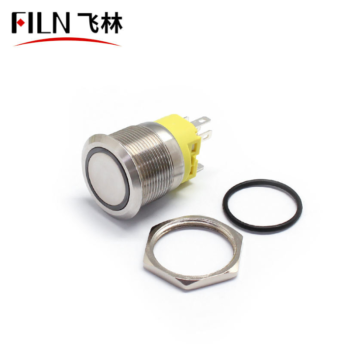 Buton push iluminat fara mentinere, 5A 12–24V DC, 22mm, IP65, metalic, inel LED verde, 5 pini, FLM22-FJ-1-EX000-S11M5-GREEN [2]