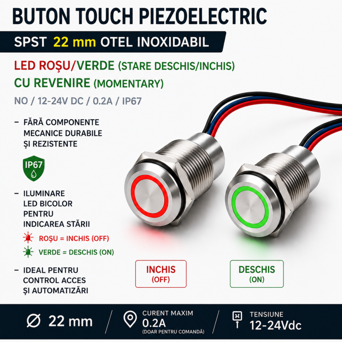 Buton tactil piezoelectric SPST 22mm, metalic, LED rosu/verde, NO, 12-24V DC, 0.2A, IP67, cu revenire [3]
