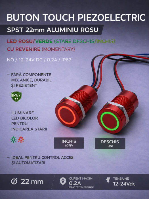 Buton tactil piezoelectric SPST 22mm, metalic rosu, LED rosu/verde, NO, 12-24V DC, 0.2A, IP67, cu retinere [2]