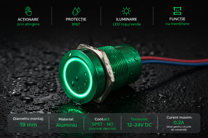 Buton tactil piezoelectric SPST 19mm aluminiu, LED rosu/verde, NO, 12-24V DC, 0.2A, IP67, cu mentinere [2]
