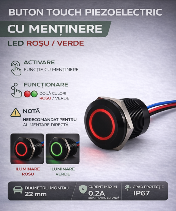 Buton tactil piezoelectric SPST 22mm, metalic negru, LED rosu/verde, NO, 12-24V DC, 0.2A, IP67, cu mentinere [2]