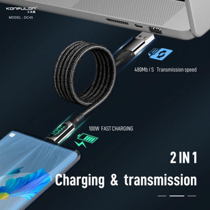 Cablu incarcare telefon 100W, USB - Type C, 1 m, negru, LCD Display DC45-B [5]