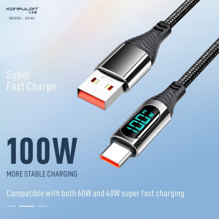 Cablu incarcare telefon 100W, USB - Type C, 1 m, negru, LCD Display DC45-B [4]