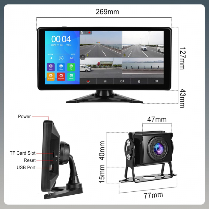 Kit sistem securitate auto cu 4 camere HD si display touch de 10.36", IR, 178°, IP67, camera marsarier, camioane, autocare, RV(rulote) [8]