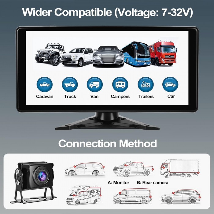 Kit sistem securitate auto cu 4 camere HD si display touch de 10.36", IR, 178°, IP67, camera marsarier, camioane, autocare, RV(rulote) [3]