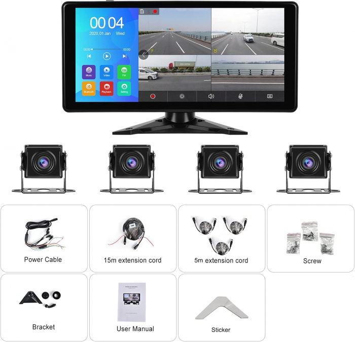 Kit sistem securitate auto cu 4 camere HD si display touch de 10.36", IR, 178°, IP67, camera marsarier, camioane, autocare, RV(rulote) [9]