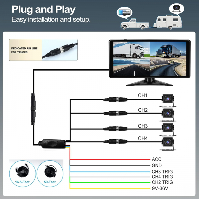 Kit sistem securitate auto cu 4 camere HD si display touch de 10.36", IR, 178°, IP67, camera marsarier, camioane, autocare, RV(rulote) [2]
